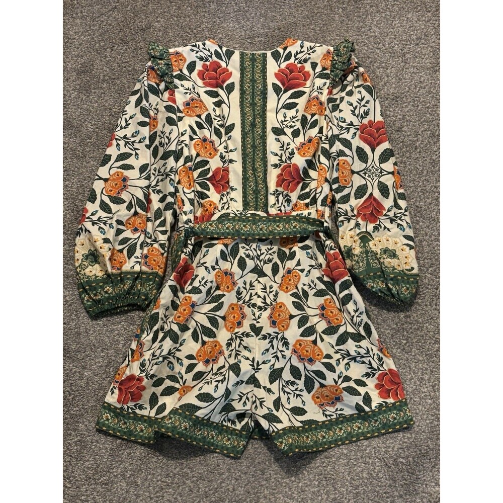 Farm Rio Garden Tapestry Floral Plunge Romper Size Small Belted Boho - Picture 6 of 6